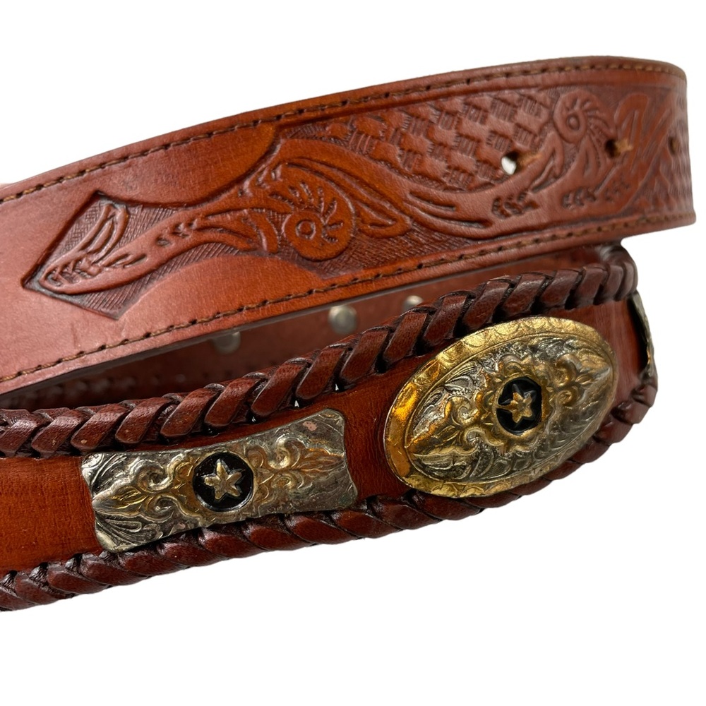 Hand-tooled Unique Metalwork Genuine Leather Southwest Boho 34 Belt Brown Concho